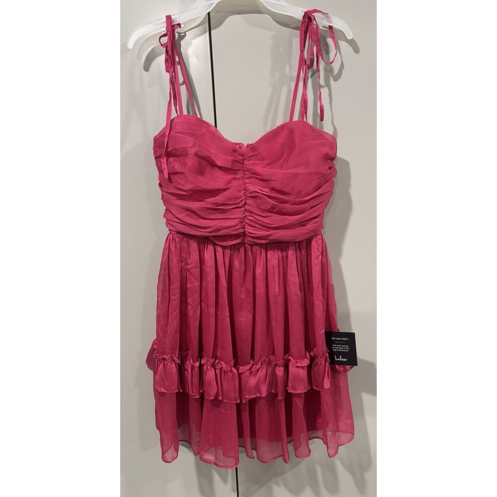 Lulu's Fuchsia Ruched Tie-Shoulder Ruffle Mini Dress - Picture 2 of 8